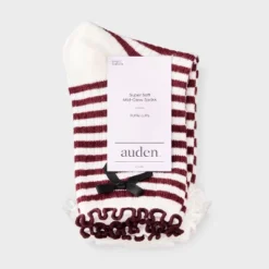 Women's Striped Waffle Knit 2pk Crew Socks With Bow Applique - Auden™ Berry/Ivory/Black 4-10
