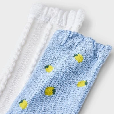 Women's Lemons 2pk Crew Socks With Ruffle Cuff - Auden™ Blue/White 4-10: Viscose Blend, Knit, Midweight, Lemon Pattern 2 Women's Lemons 2pk Crew Socks With Ruffle Cuff - Auden™ Blue/White 4-10: Viscose Blend, Knit, Midweight, Lemon Pattern - Image 2