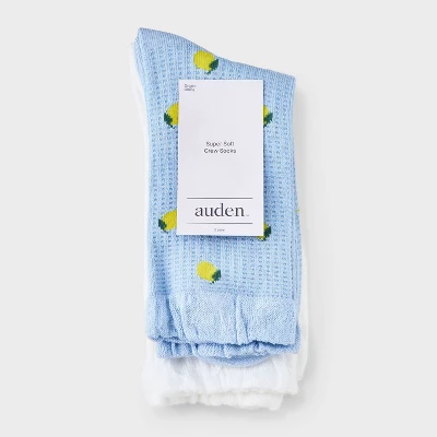 Women's Lemons 2pk Crew Socks With Ruffle Cuff - Auden™ Blue/White 4-10: Viscose Blend, Knit, Midweight, Lemon Pattern 1 Women's Lemons 2pk Crew Socks With Ruffle Cuff - Auden™ Blue/White 4-10: Viscose Blend, Knit, Midweight, Lemon Pattern