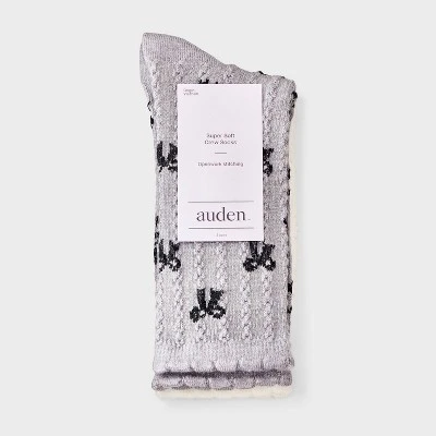 Women's Scallop Edge All-Over Bows And Pointelle 2pk Crew Socks - Auden™ Heather Gray/Black/Ivory 4-10 1 Women's Scallop Edge All-Over Bows And Pointelle 2pk Crew Socks - Auden™ Heather Gray/Black/Ivory 4-10