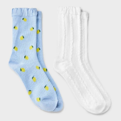 Women's Lemons 2pk Crew Socks With Ruffle Cuff - Auden™ Blue/White 4-10: Viscose Blend, Knit, Midweight, Lemon Pattern 3 Women's Lemons 2pk Crew Socks With Ruffle Cuff - Auden™ Blue/White 4-10: Viscose Blend, Knit, Midweight, Lemon Pattern - Image 3