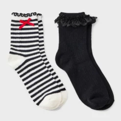 Women's Striped Waffle Knit 2pk Crew Socks With Bow Applique - Auden™ Ivory/Black/Red 4-10 5 Women's Striped Waffle Knit 2pk Crew Socks With Bow Applique - Auden™ Ivory/Black/Red 4-10 -Auden Shop GUEST f8256f93 828a 479c 8ac1 189413561972