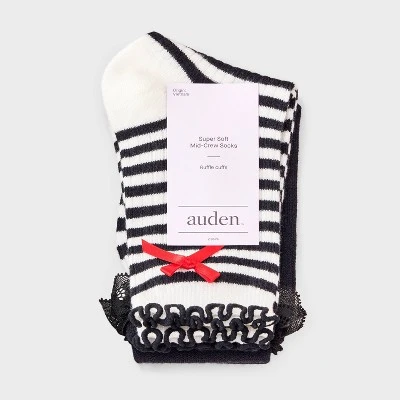 Women's Striped Waffle Knit 2pk Crew Socks With Bow Applique - Auden™ Ivory/Black/Red 4-10 1 Women's Striped Waffle Knit 2pk Crew Socks With Bow Applique - Auden™ Ivory/Black/Red 4-10